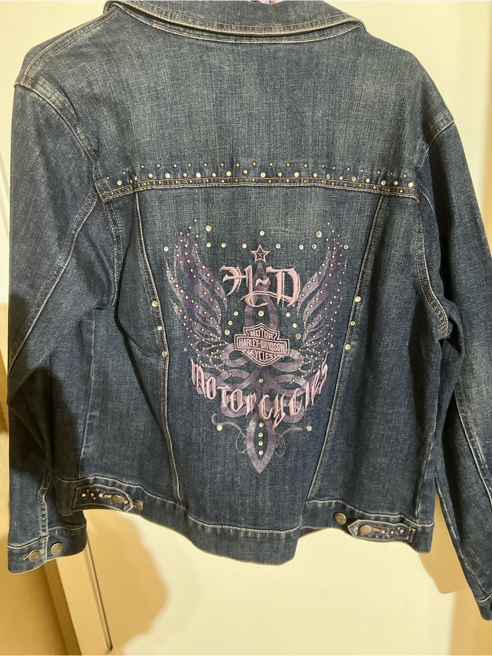 Harley-Davidson Dark Blue Denim Jacket with Pink & Purple Embroidery